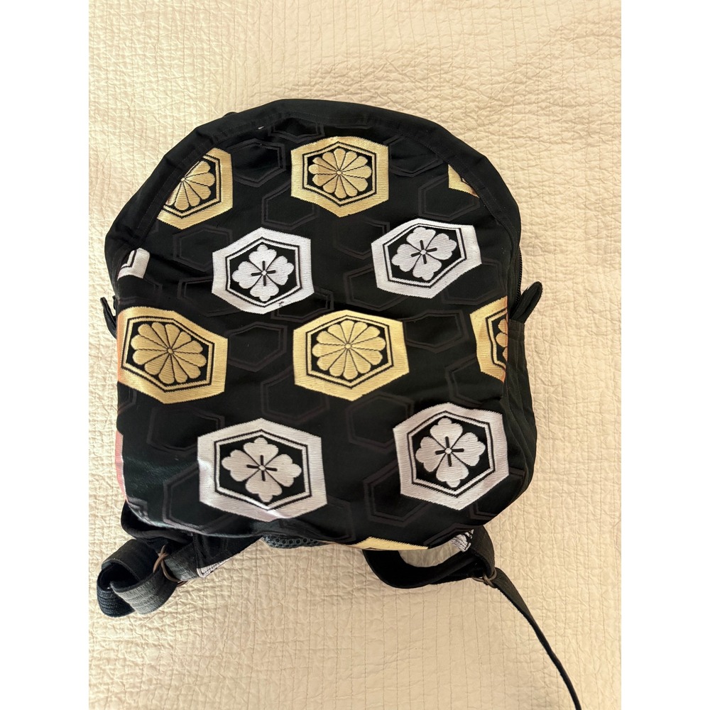 Kimono Brocade Mini Backpack Black Gold Silver Floral Crest Red Zip